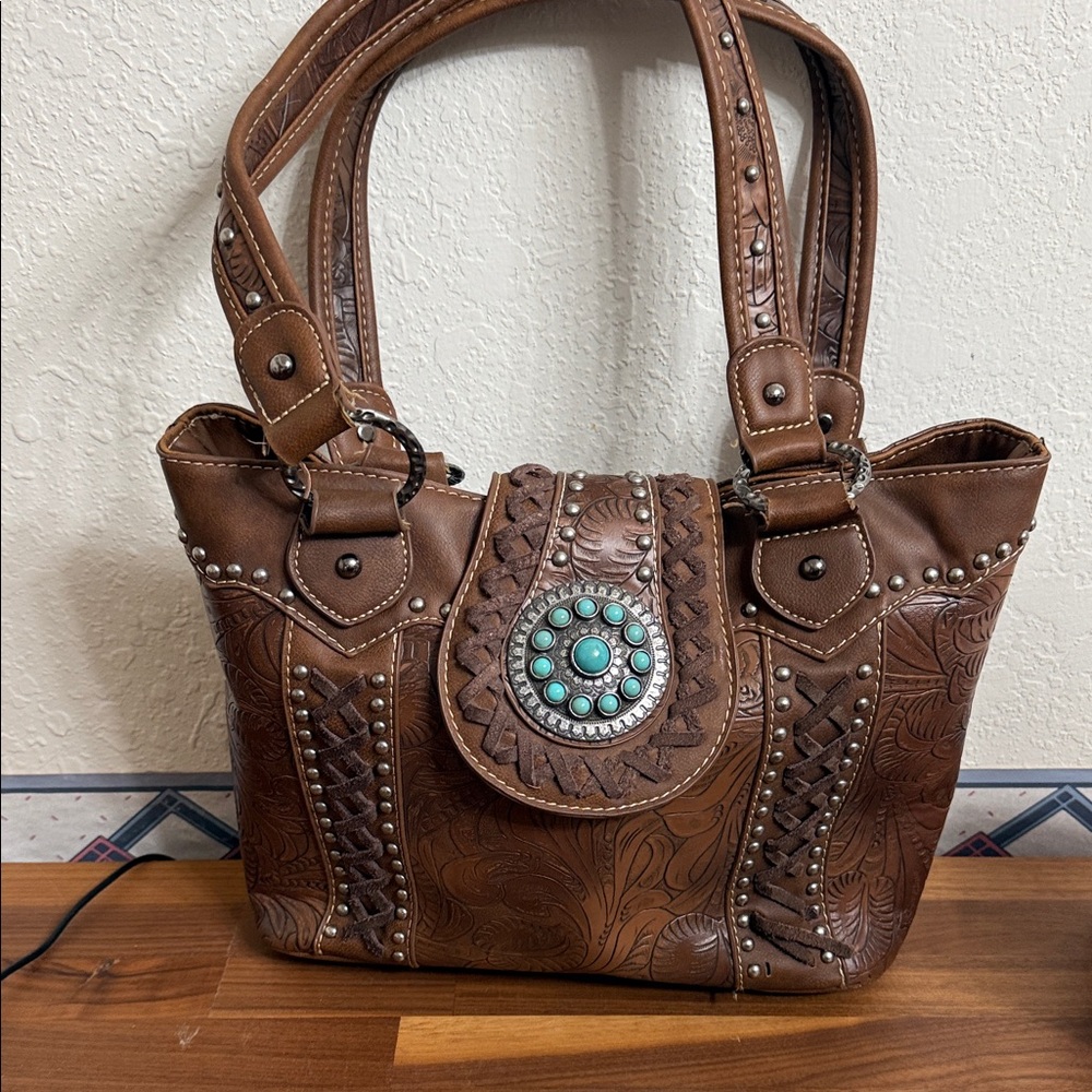 Trinity Ranch Brown Embossed Leather Handbag with Turquoise Accent